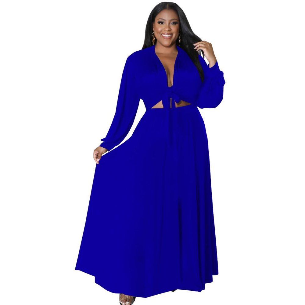 Royal Blue Lace-Up Long Sleeve Top + Swing Skirt Two Piece Set